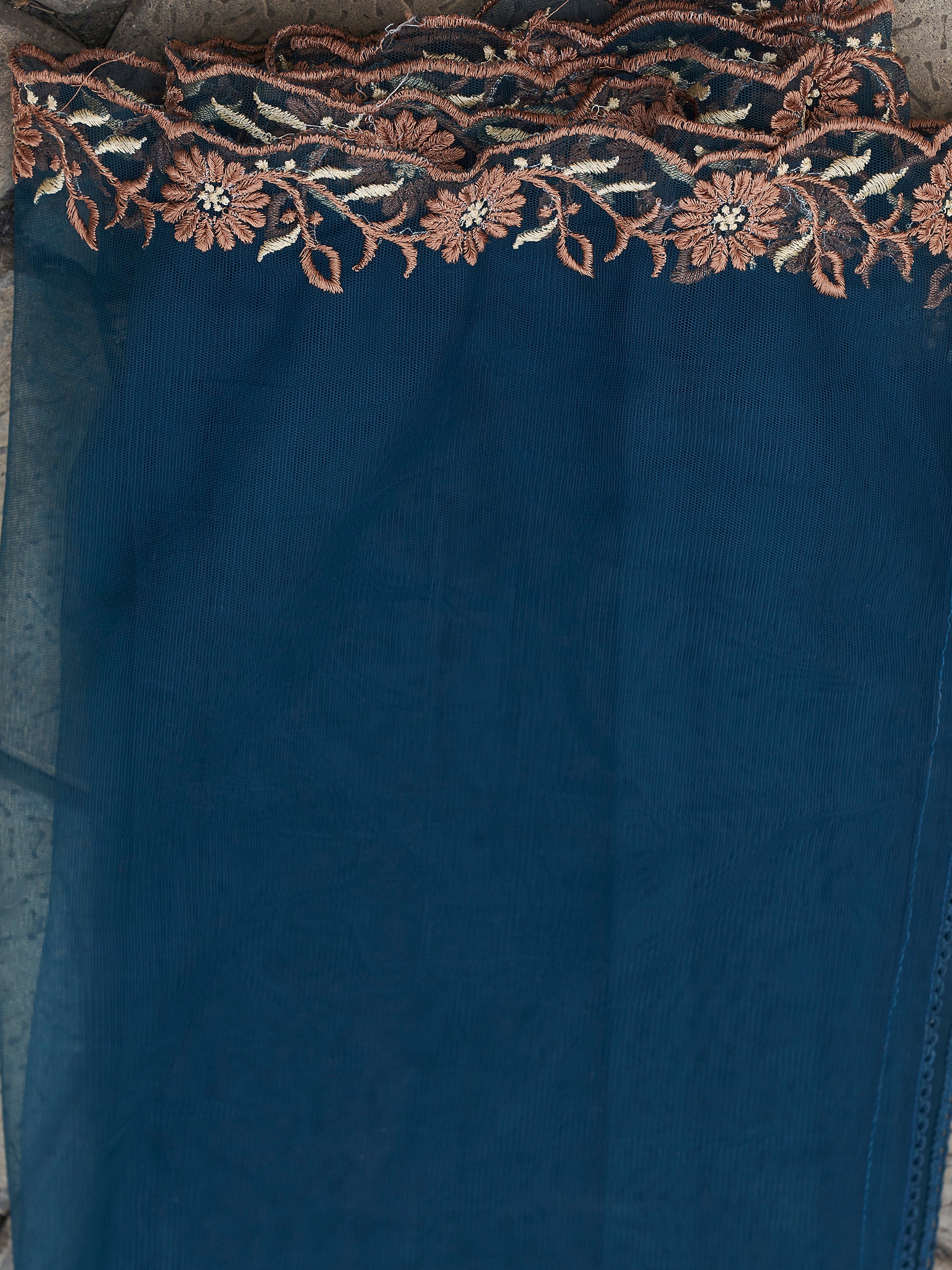 Teal Cotton Blend With Brown Tone Placement Embroidery Keyhole Kurta Set